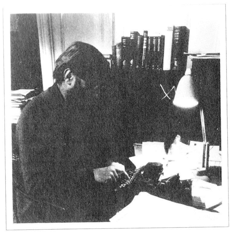 Harry bashing away on a faithful typewriter in the late 1970s.